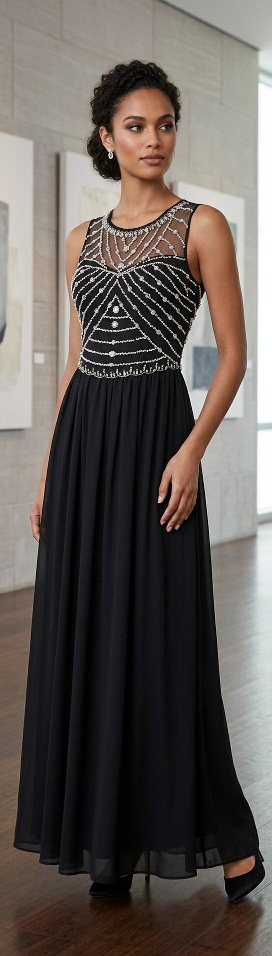 1007 Abito lungo in chiffon foderato con strass davanti e schiena trasparente