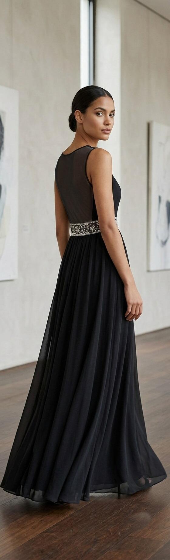 1007 Abito lungo in chiffon foderato con strass davanti e schiena trasparente