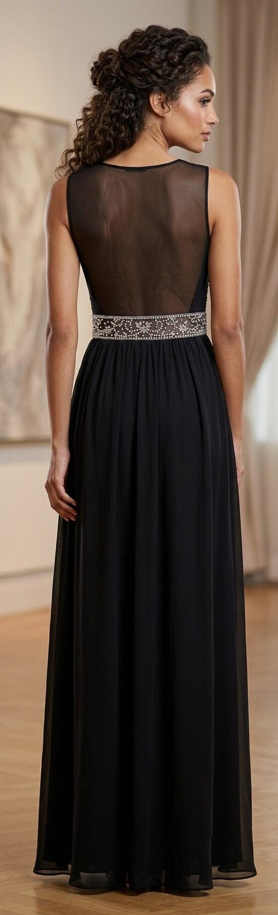 1007 Abito lungo in chiffon foderato con strass davanti e schiena trasparente