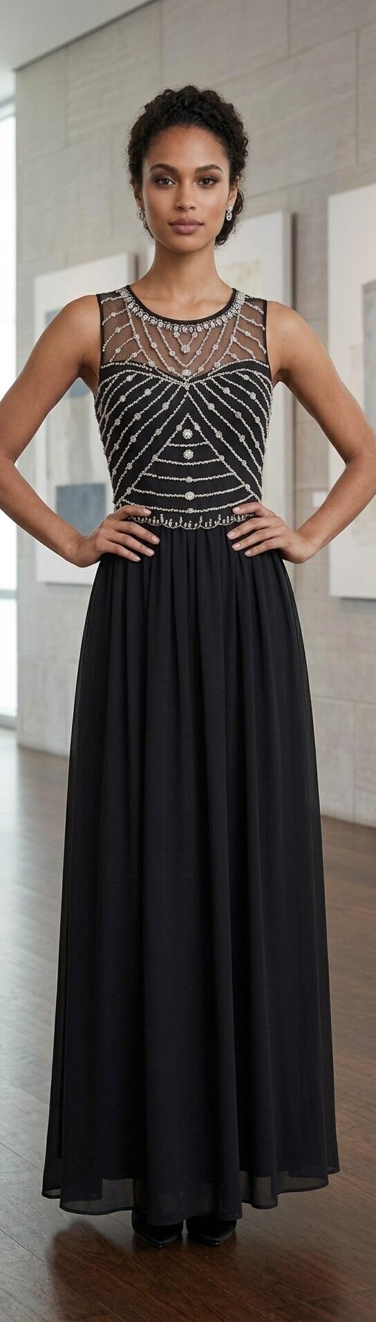 1007 Abito lungo in chiffon foderato con strass davanti e schiena trasparente