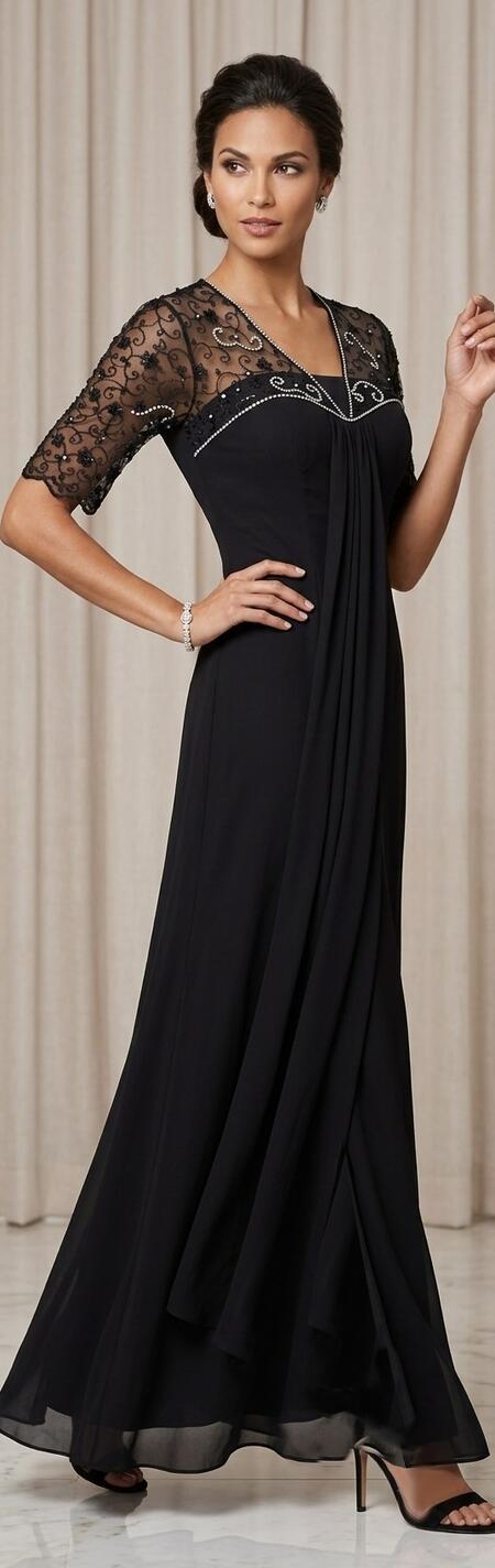 1009 Abito lungo in chiffon foderato con manichette e dettagli in pizzo con perline e strass
