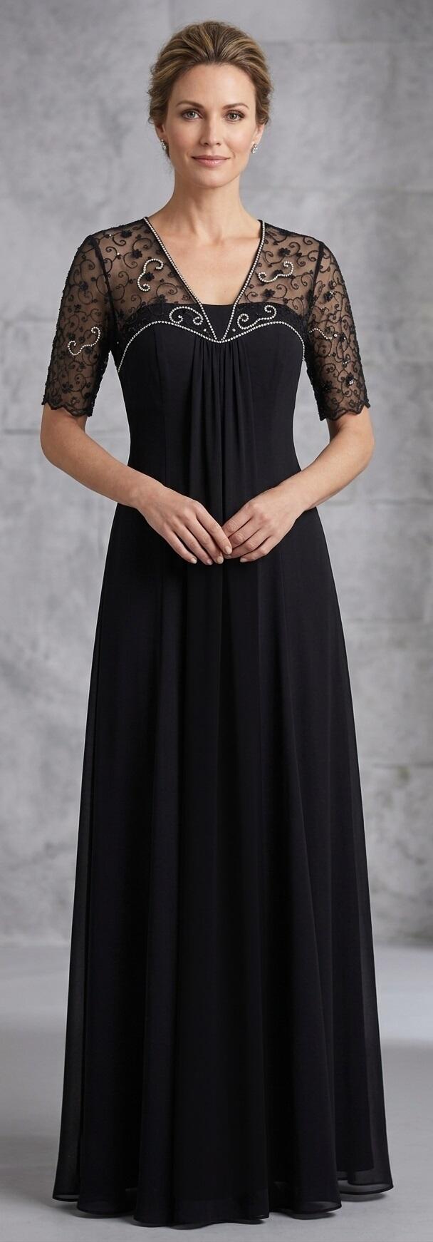 1009 Abito lungo in chiffon foderato con manichette e dettagli in pizzo con perline e strass