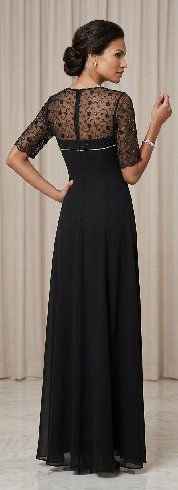 1009 Abito lungo in chiffon foderato con manichette e dettagli in pizzo con perline e strass