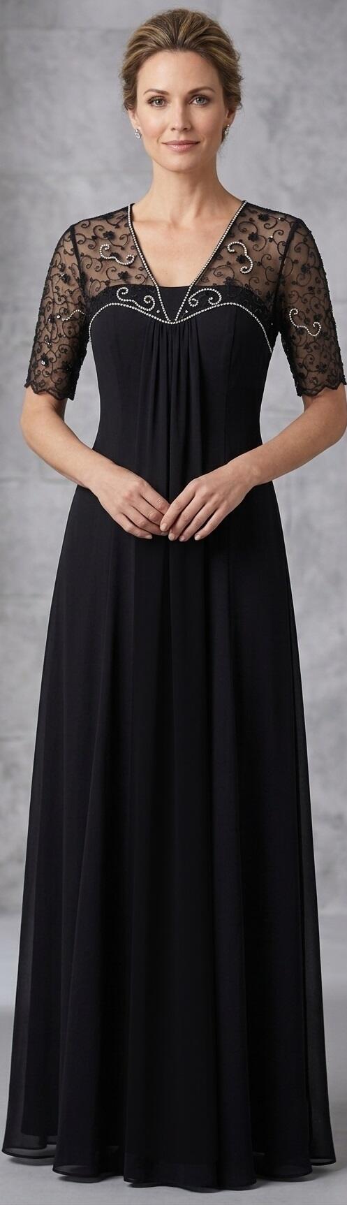 1009 Abito lungo in chiffon foderato con manichette e dettagli in pizzo con perline e strass