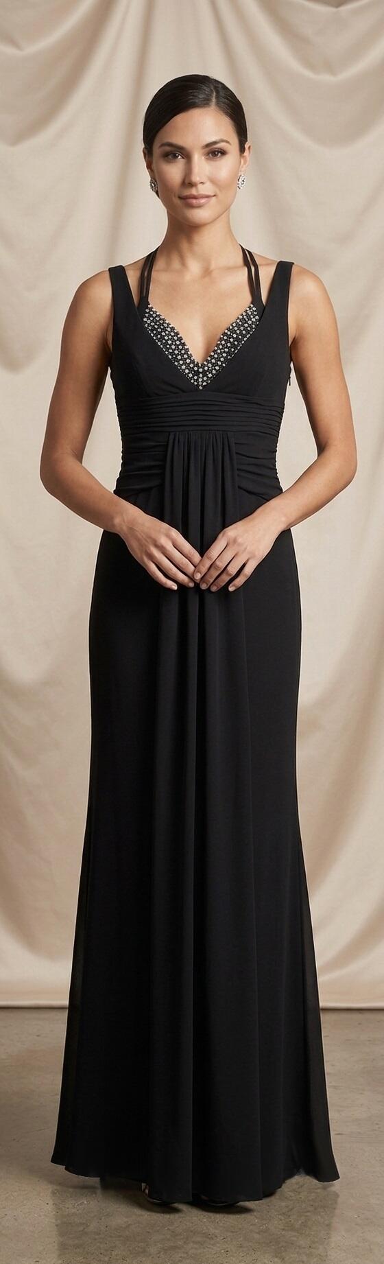 1010 Abito lungo in maglina jersey foderato con coppette con perline e strass