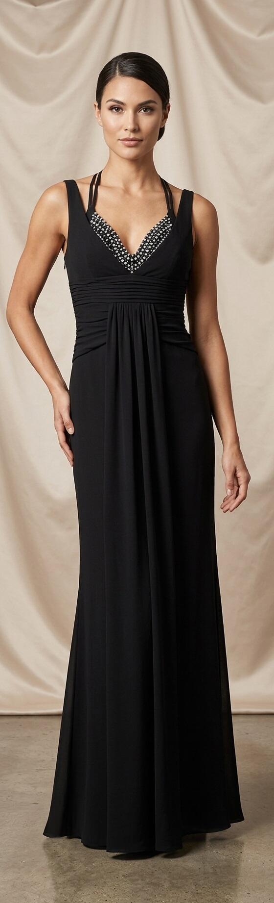 1010 Abito lungo in maglina jersey foderato con coppette con perline e strass