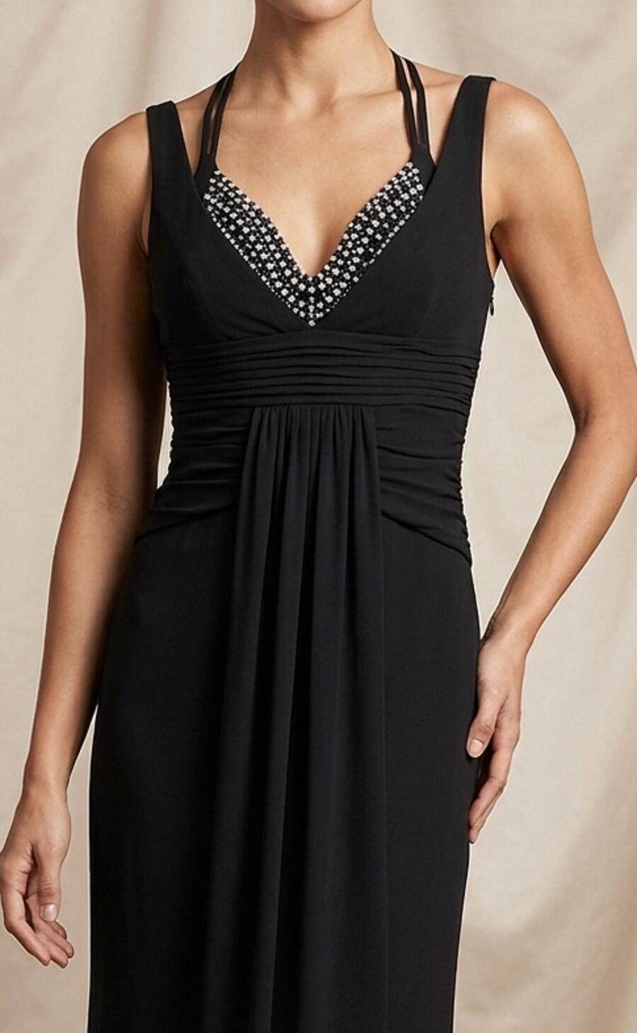 1010 Abito lungo in maglina jersey foderato con coppette con perline e strass