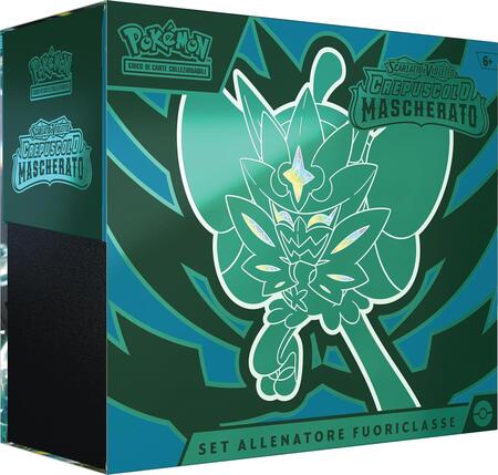 Set Allenatore Fuoriclasse dell’espans. Scarlatto e Violetto - Crepuscolo Mascherato del GCC Pokémon (1 carta promoz. di Ogerpon Maschera Turchese, 9 buste di espans. e accessori premium), italiano