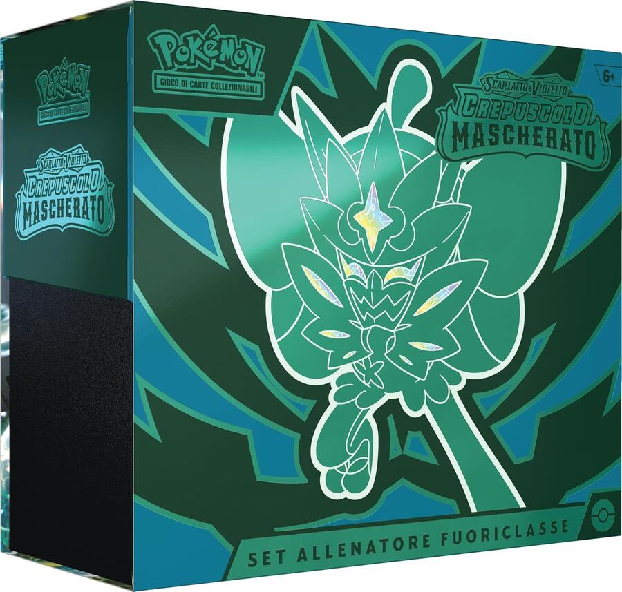 Set Allenatore Fuoriclasse dell’espans. Scarlatto e Violetto - Crepuscolo Mascherato del GCC Pokémon (1 carta promoz. di Ogerpon Maschera Turchese, 9 buste di espans. e accessori premium), italiano