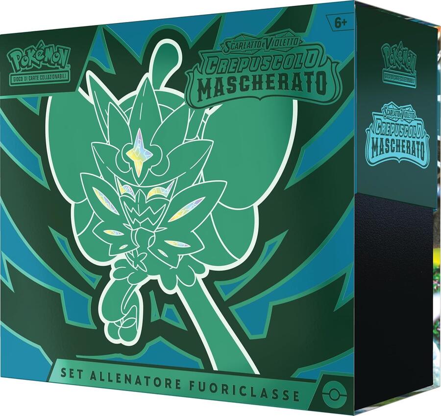 Set Allenatore Fuoriclasse dell’espans. Scarlatto e Violetto - Crepuscolo Mascherato del GCC Pokémon (1 carta promoz. di Ogerpon Maschera Turchese, 9 buste di espans. e accessori premium), italiano