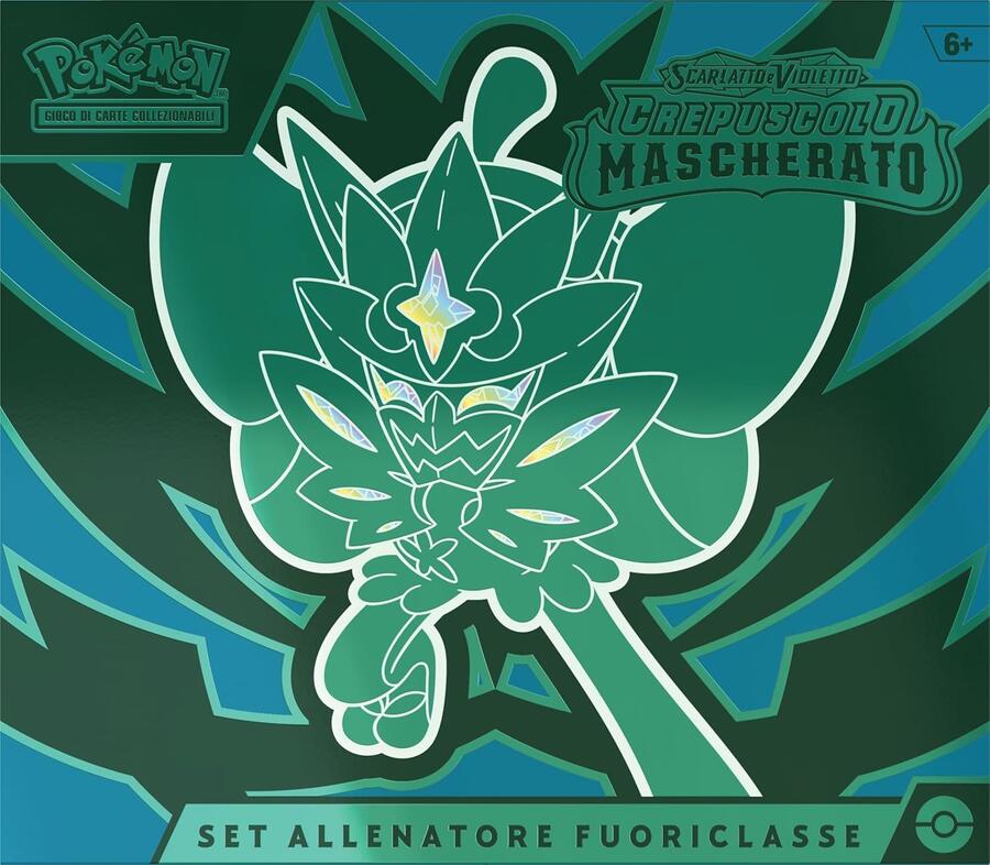 Set Allenatore Fuoriclasse dell’espans. Scarlatto e Violetto - Crepuscolo Mascherato del GCC Pokémon (1 carta promoz. di Ogerpon Maschera Turchese, 9 buste di espans. e accessori premium), italiano