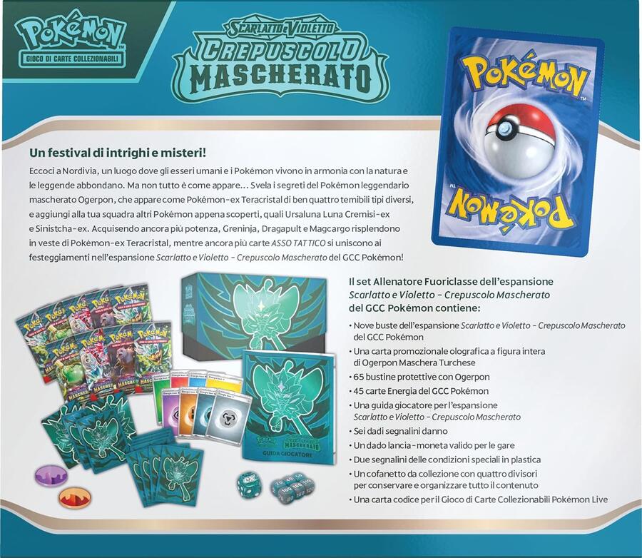 Set Allenatore Fuoriclasse dell’espans. Scarlatto e Violetto - Crepuscolo Mascherato del GCC Pokémon (1 carta promoz. di Ogerpon Maschera Turchese, 9 buste di espans. e accessori premium), italiano