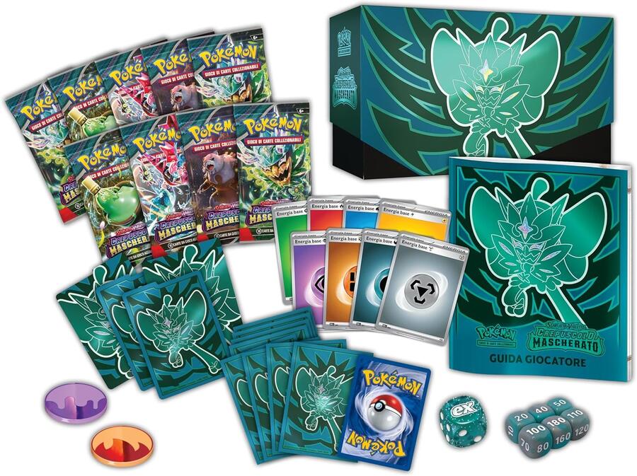 Set Allenatore Fuoriclasse dell’espans. Scarlatto e Violetto - Crepuscolo Mascherato del GCC Pokémon (1 carta promoz. di Ogerpon Maschera Turchese, 9 buste di espans. e accessori premium), italiano