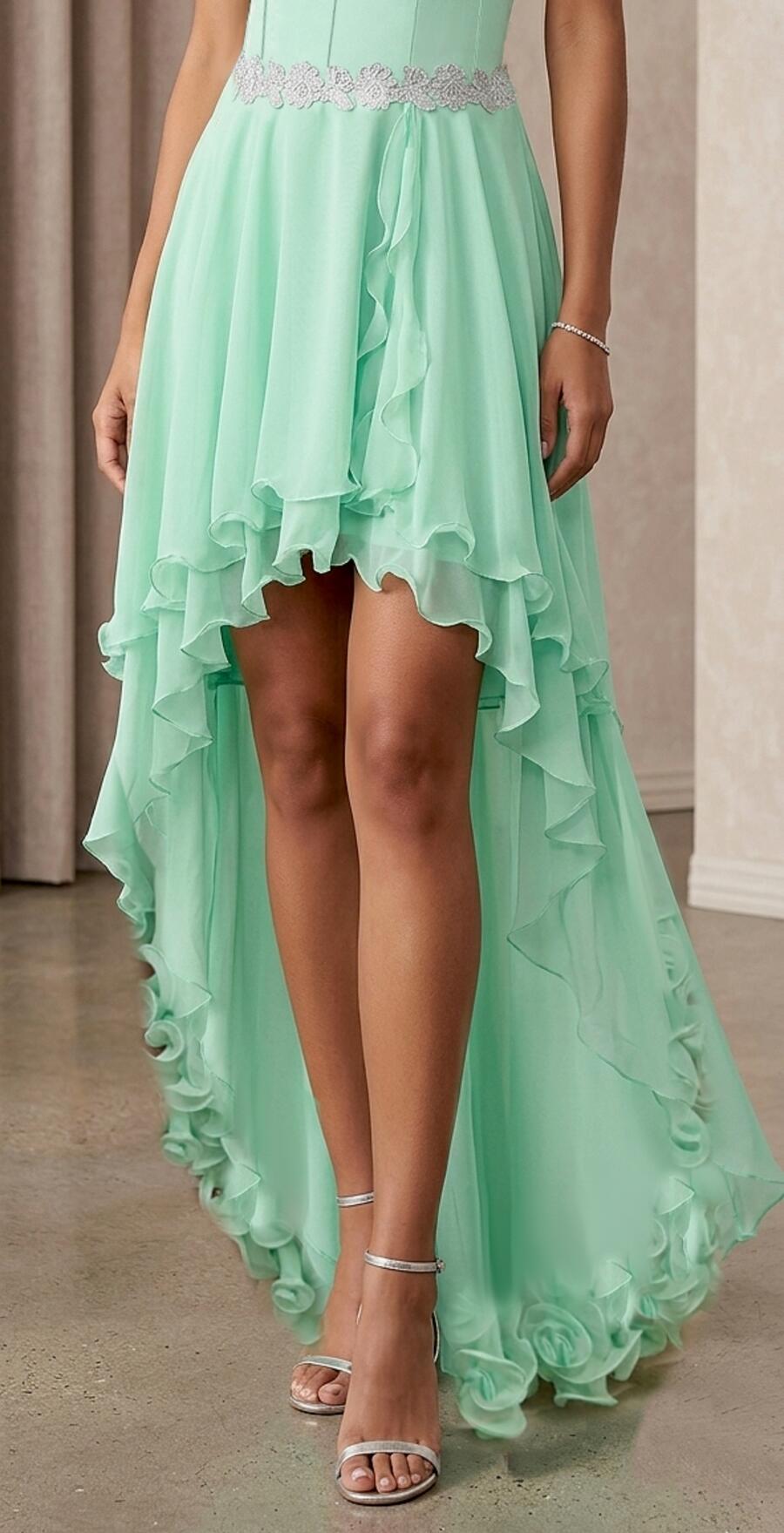 1011 Abito corto lungo verde pastello con 3 strati di tulle e corpetto in raso