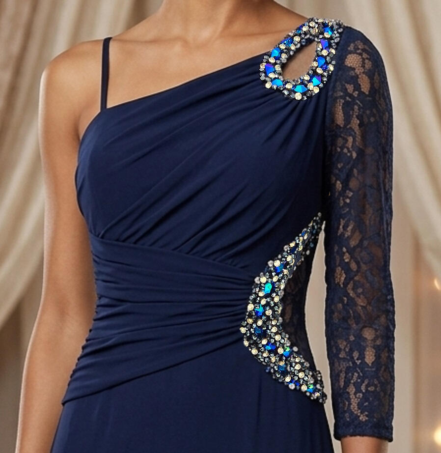 1012 Abito lungo blu navy in jersey foderato con manica in pizzo e dettagli con strass e pietre