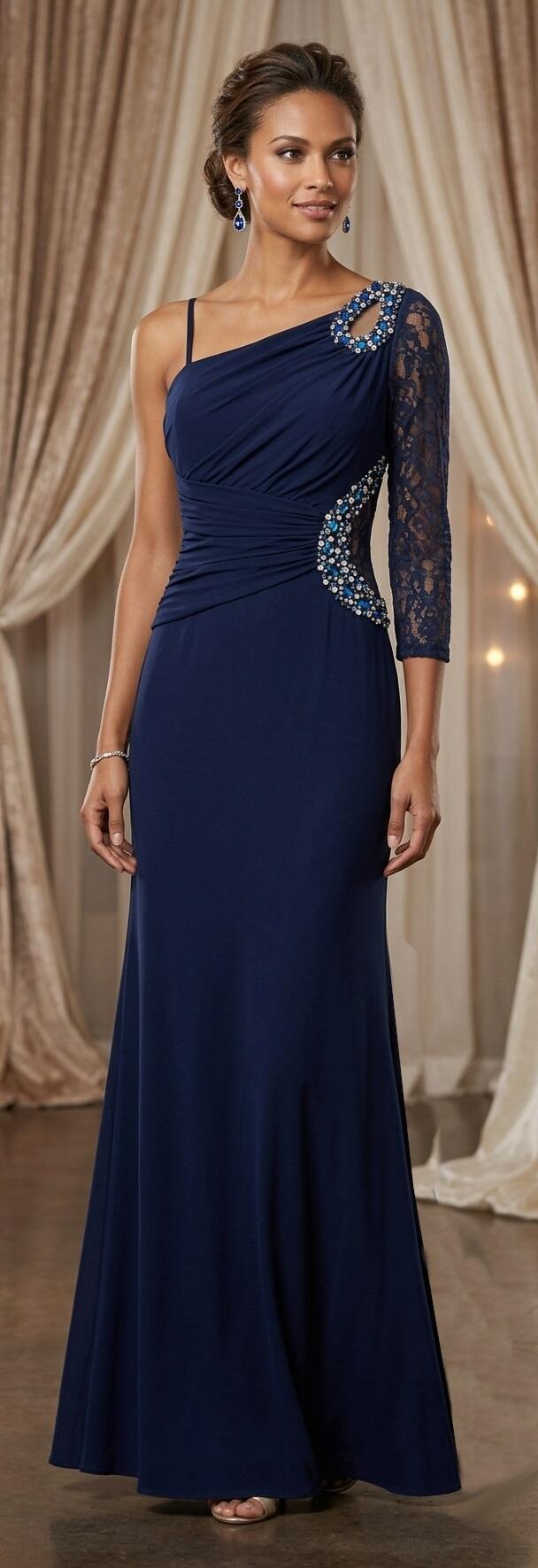 1012 Abito lungo blu navy in jersey foderato con manica in pizzo e dettagli con strass e pietre