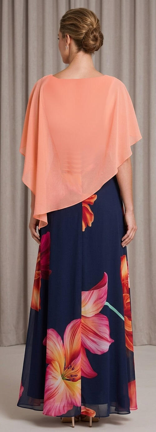 1014 Abito lungo in chiffon blu stampato con corpetto e mantellina salmone