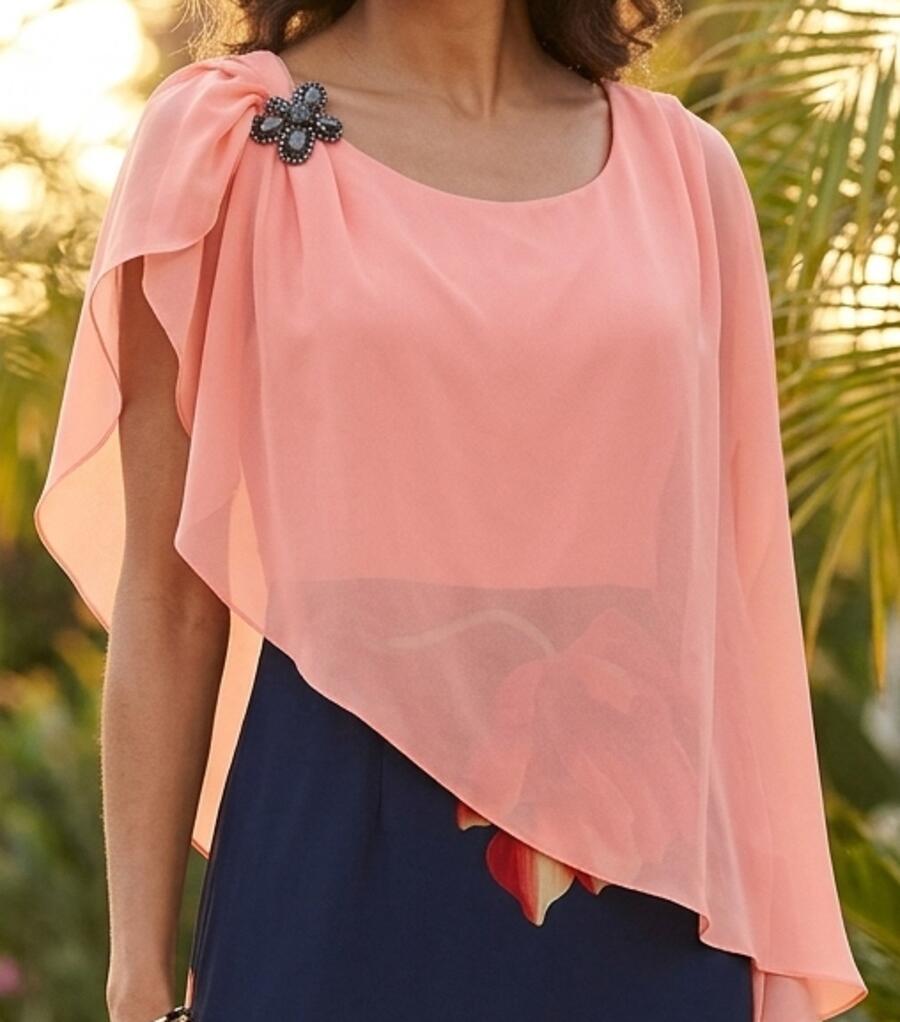 1014 Abito lungo in chiffon blu stampato con corpetto e mantellina salmone