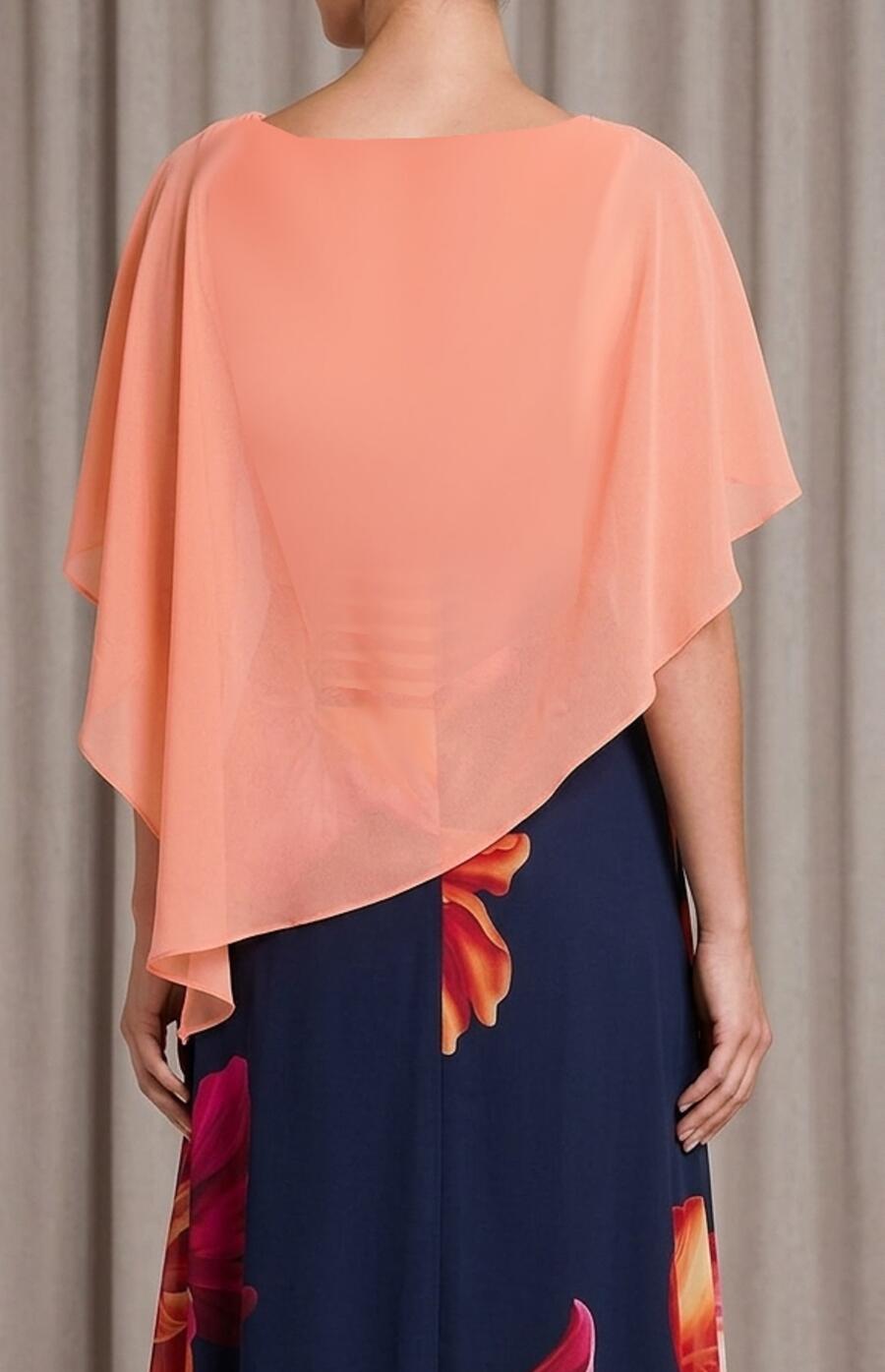 1014 Abito lungo in chiffon blu stampato con corpetto e mantellina salmone