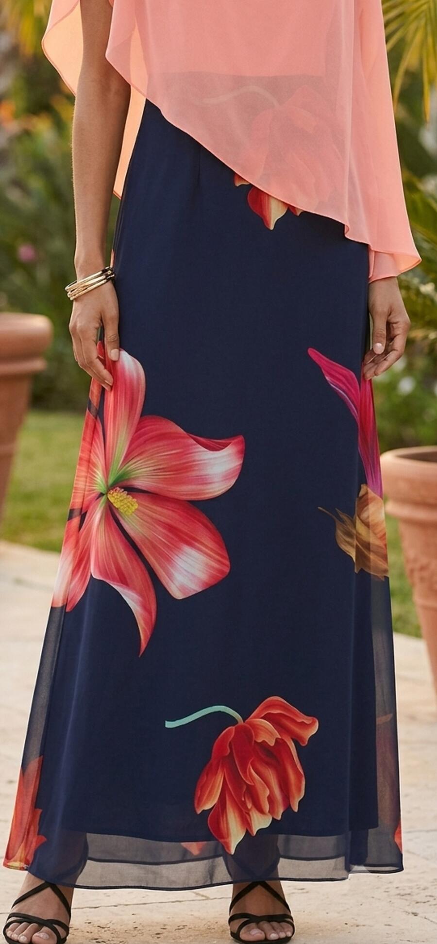 1014 Abito lungo in chiffon blu stampato con corpetto e mantellina salmone