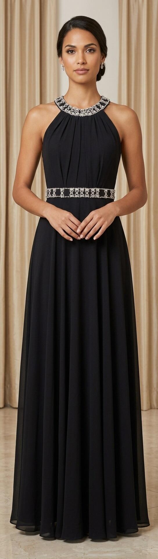 1015 Abito in chiffon foderato con scollatura a mezzaluna e con strass