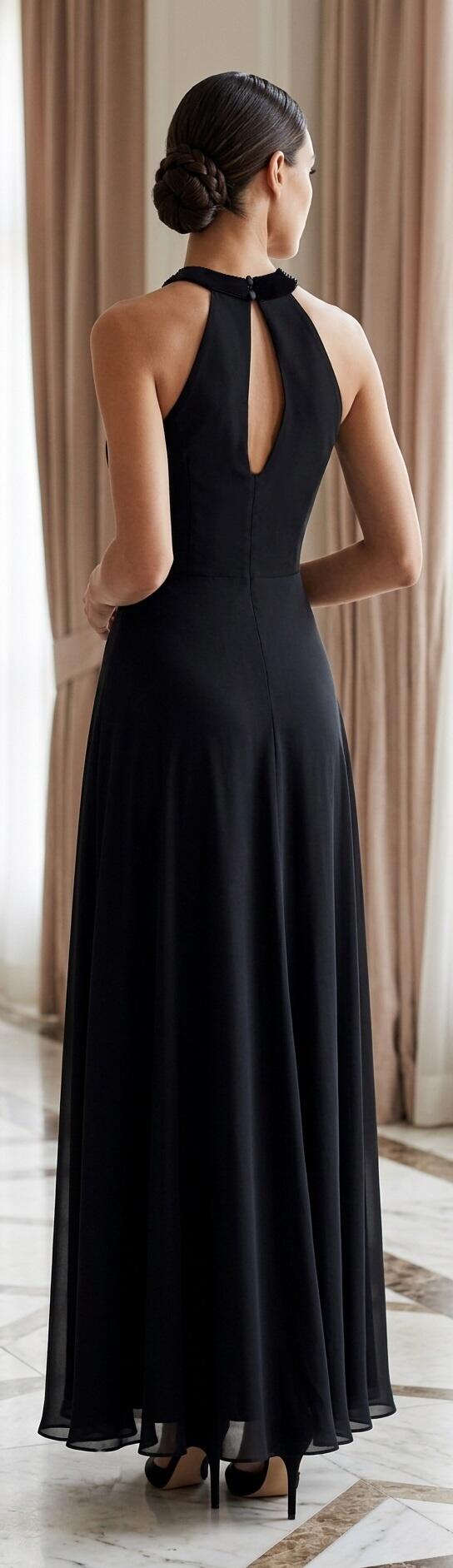 1015 Abito in chiffon foderato con scollatura a mezzaluna e con strass