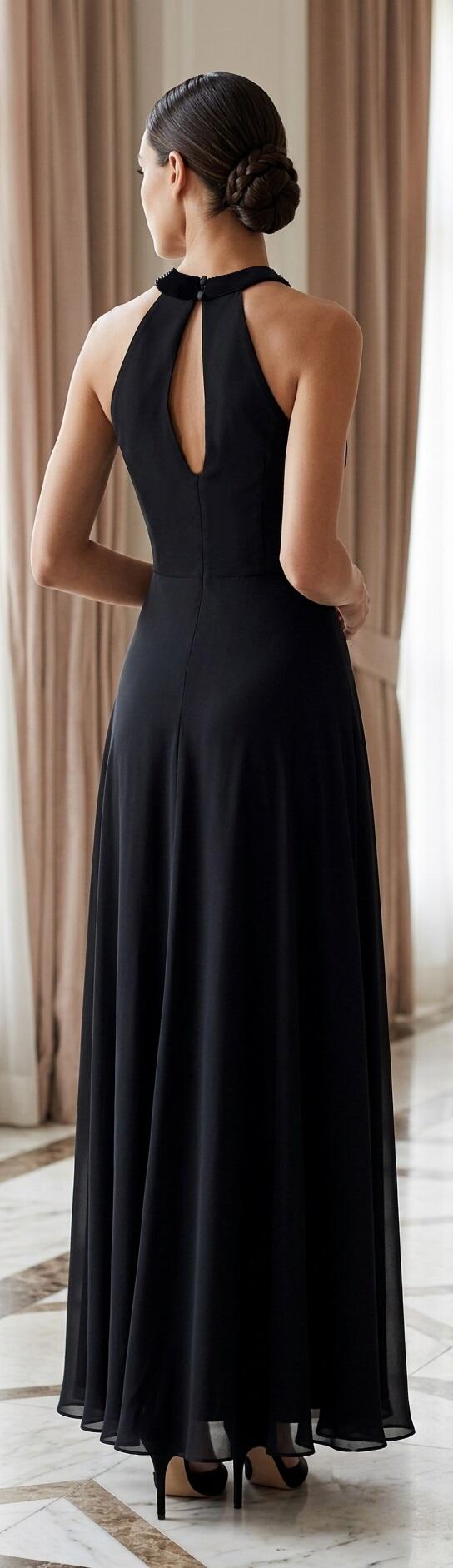1015 Abito in chiffon foderato con scollatura a mezzaluna e con strass