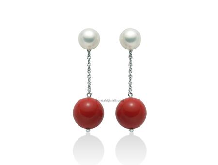 PER2068 Orecchini pendenti con perla e sfera color corallo rosso Miluna