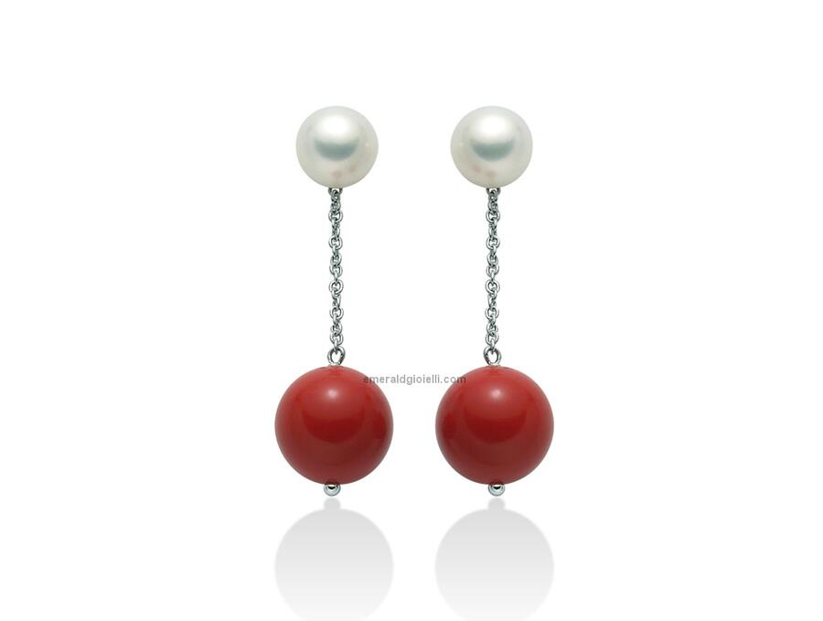 PER2068 Orecchini pendenti con perla e sfera color corallo rosso Miluna
