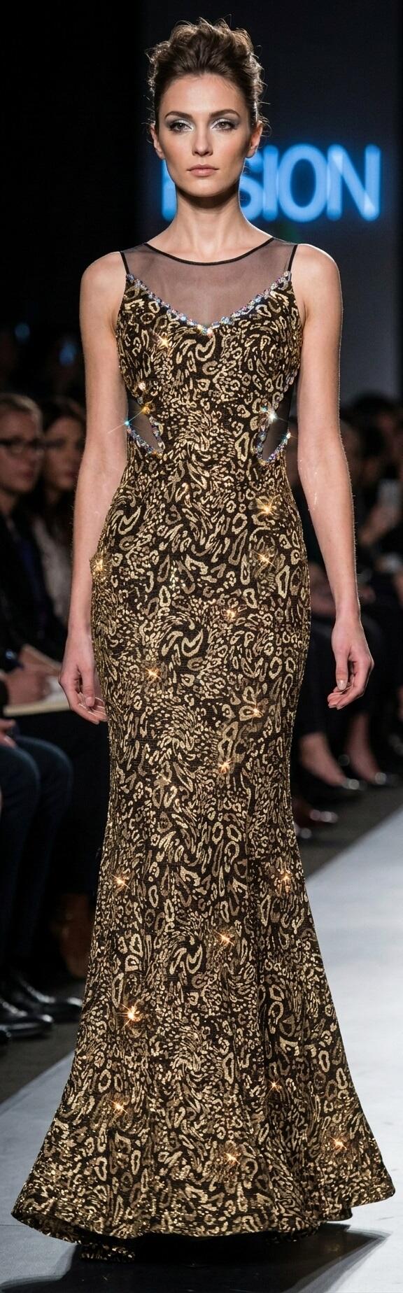 1020 Long dress with shiny silver or gold spotted embroidery