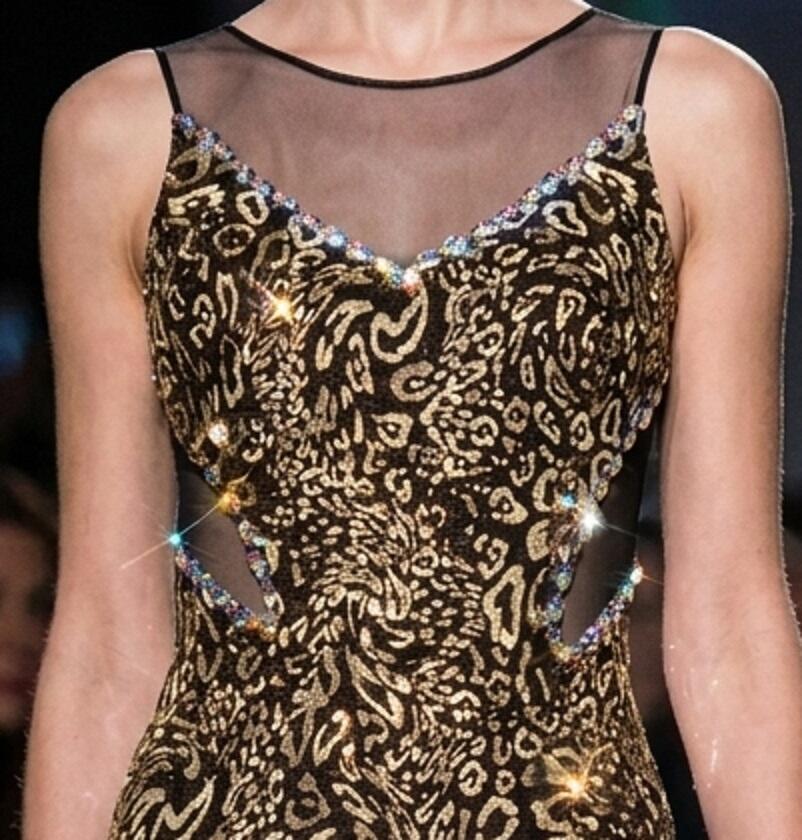 1020 Long dress with shiny silver or gold spotted embroidery