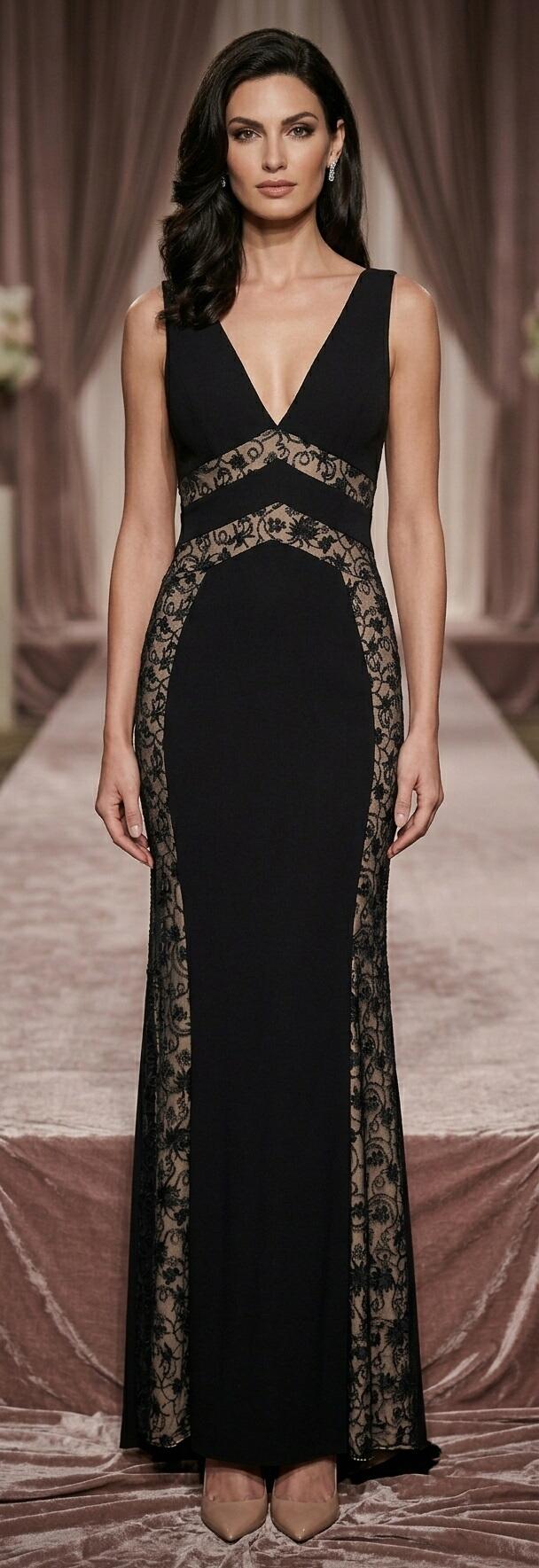 1021 Abito lungo svasato con pizzo e paillettes foderate nei lati in nude look style