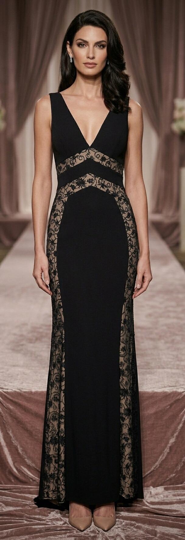 1021 Abito lungo svasato con pizzo e paillettes foderate nei lati in nude look style