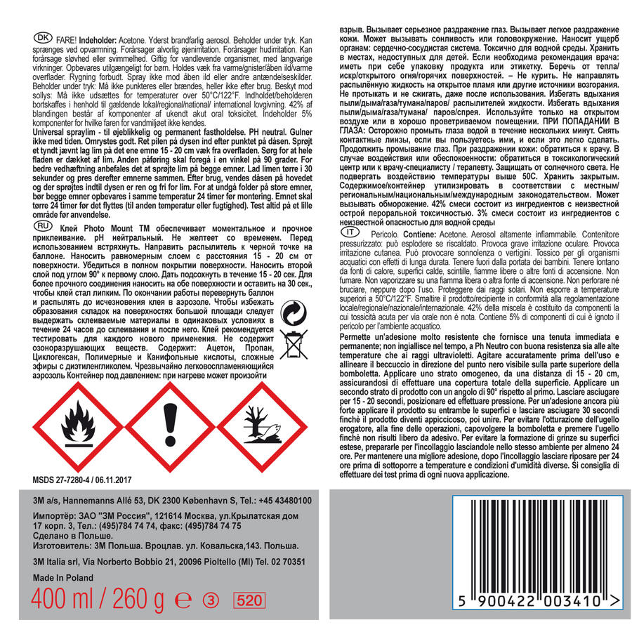 Adesivo Spray PHOTO MOUNT Trasparente Alta Qualità 400 ml 3M