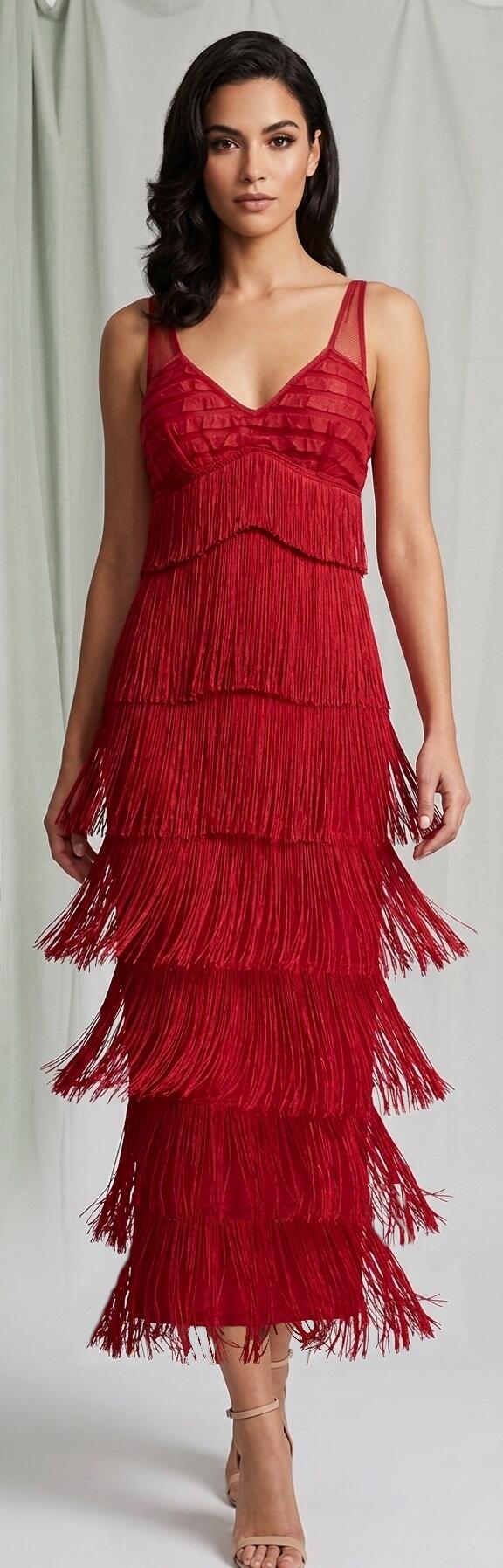 1022 Abito rosso rubino con frange in seta elastiche