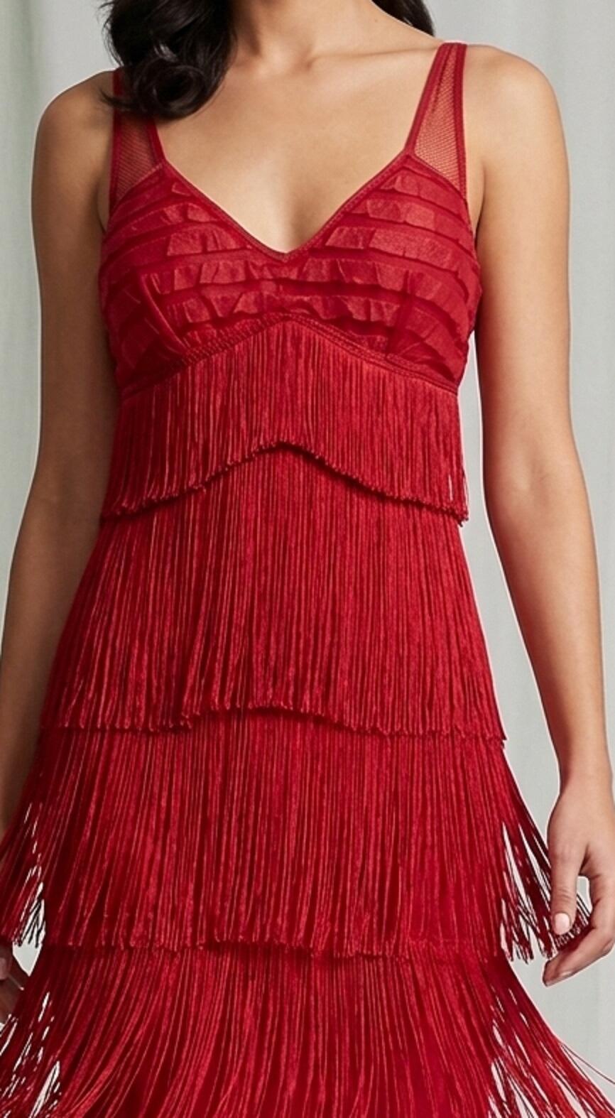 1022 Abito rosso rubino con frange in seta elastiche