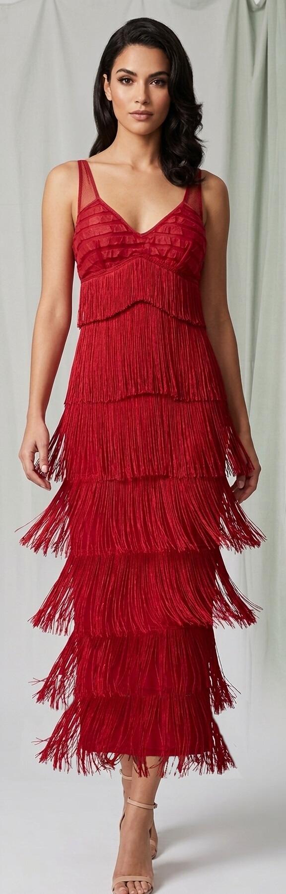 1022 Abito rosso rubino con frange in seta elastiche