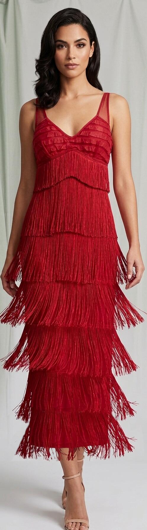 1022 Abito rosso rubino con frange in seta elastiche