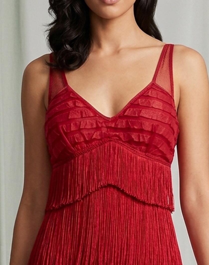 1022 Abito rosso rubino con frange in seta elastiche