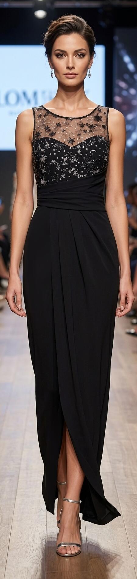 1024 Abito lungo con spacco a portafoglio in crepe con corpetto in tulle