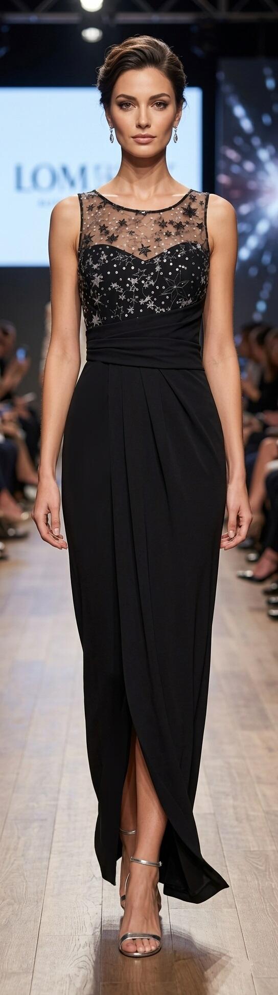 1024 Abito lungo con spacco a portafoglio in crepe con corpetto in tulle