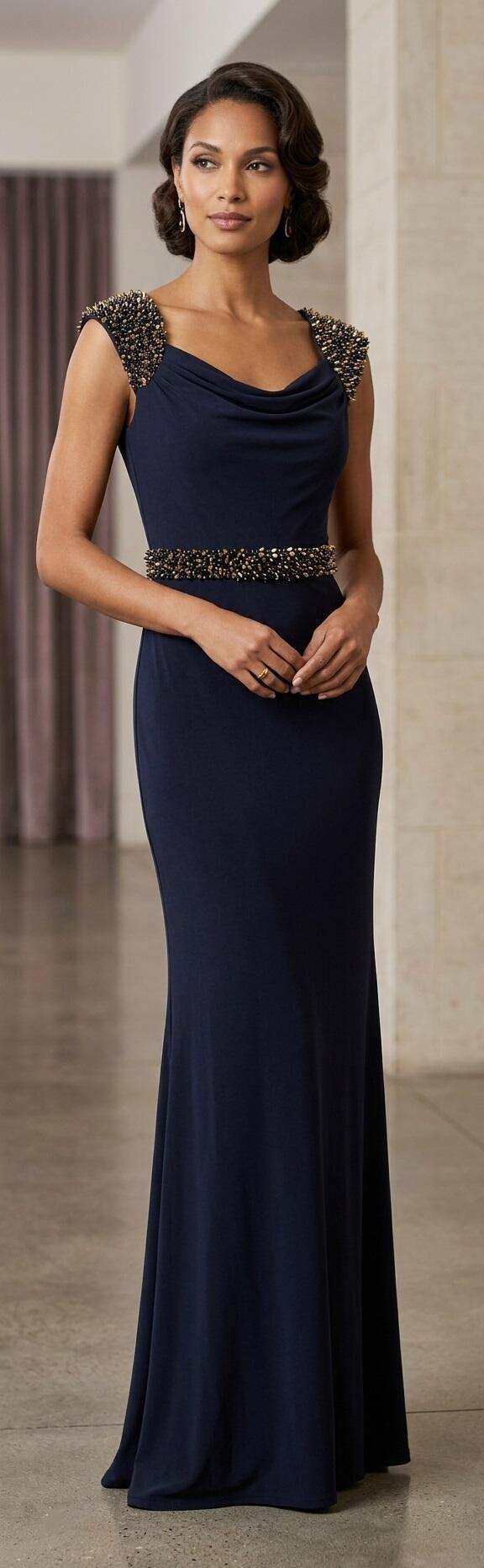 1027 Long dress in dark blue lycra jersey with gold rhinestones and studs