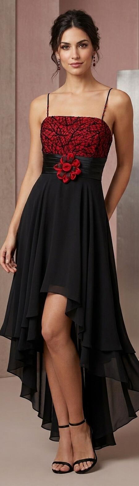 1028 Short front dress in doubled chiffon with ruby ​​red bodice