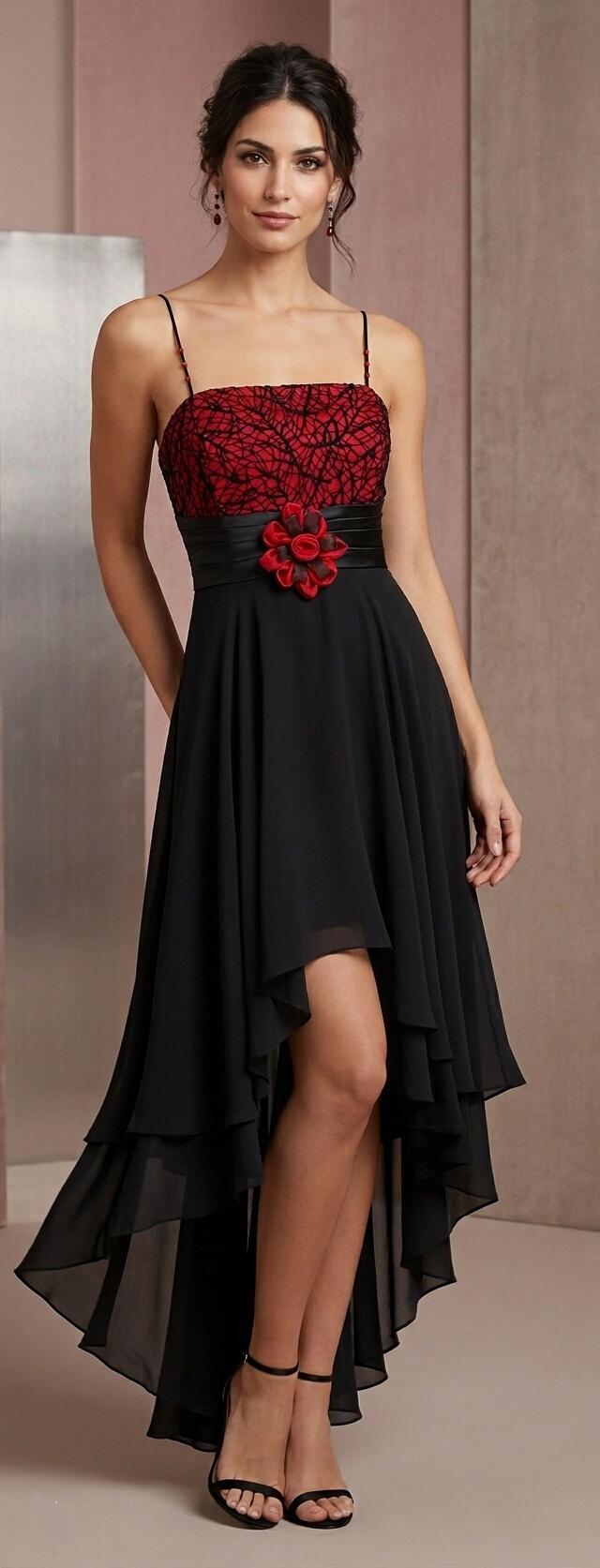 1028 Short front dress in doubled chiffon with ruby ​​red bodice
