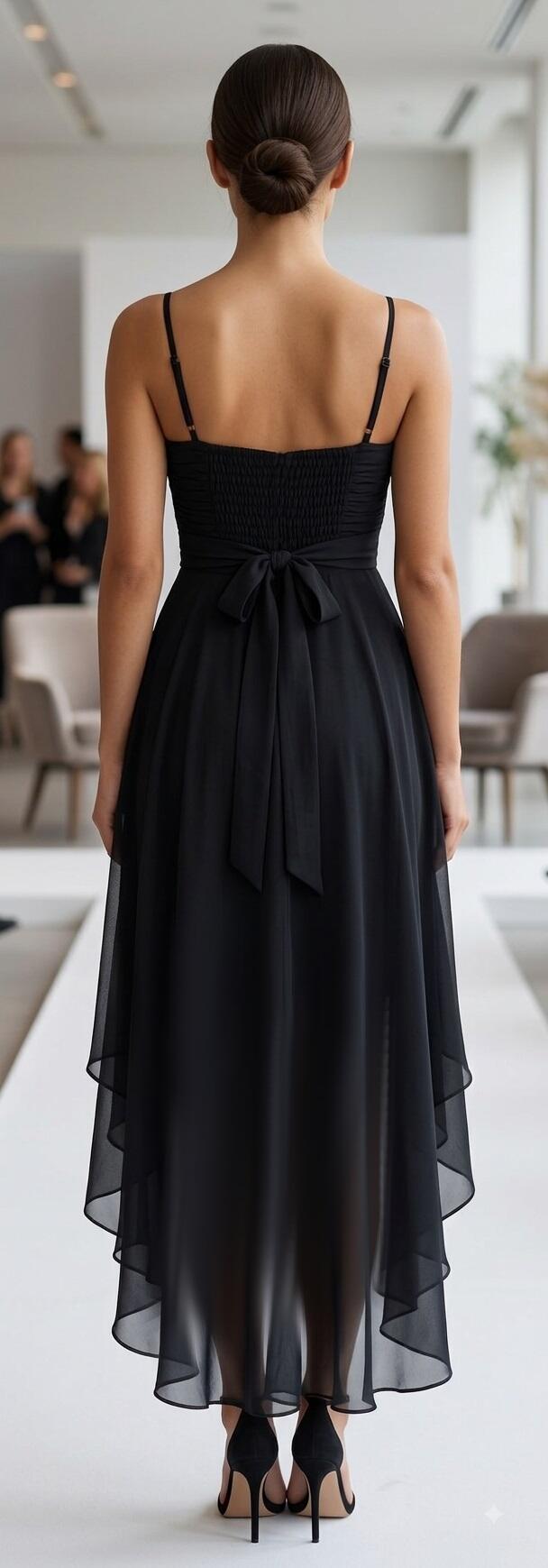 1028 Short front dress in doubled chiffon with ruby ​​red bodice
