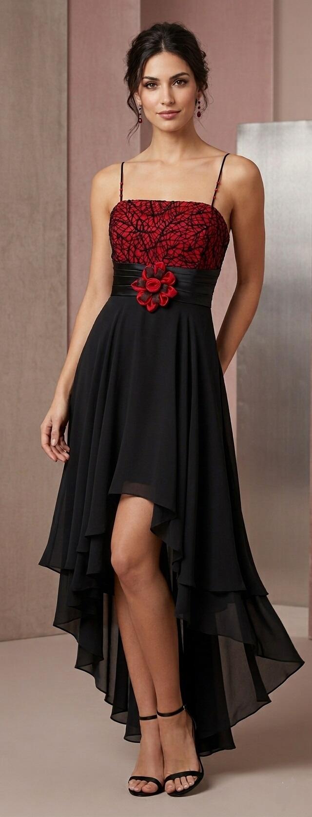 1028 Short front dress in doubled chiffon with ruby ​​red bodice