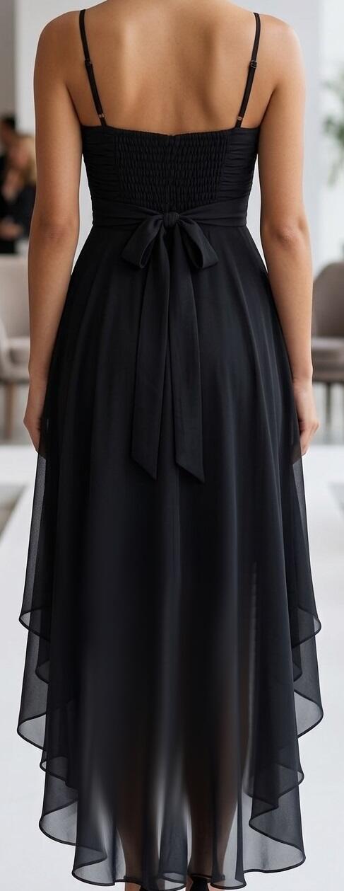 1028 Short front dress in doubled chiffon with ruby ​​red bodice