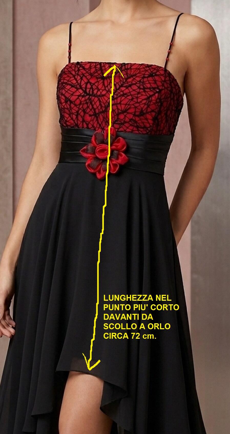 1028 Short front dress in doubled chiffon with ruby ​​red bodice
