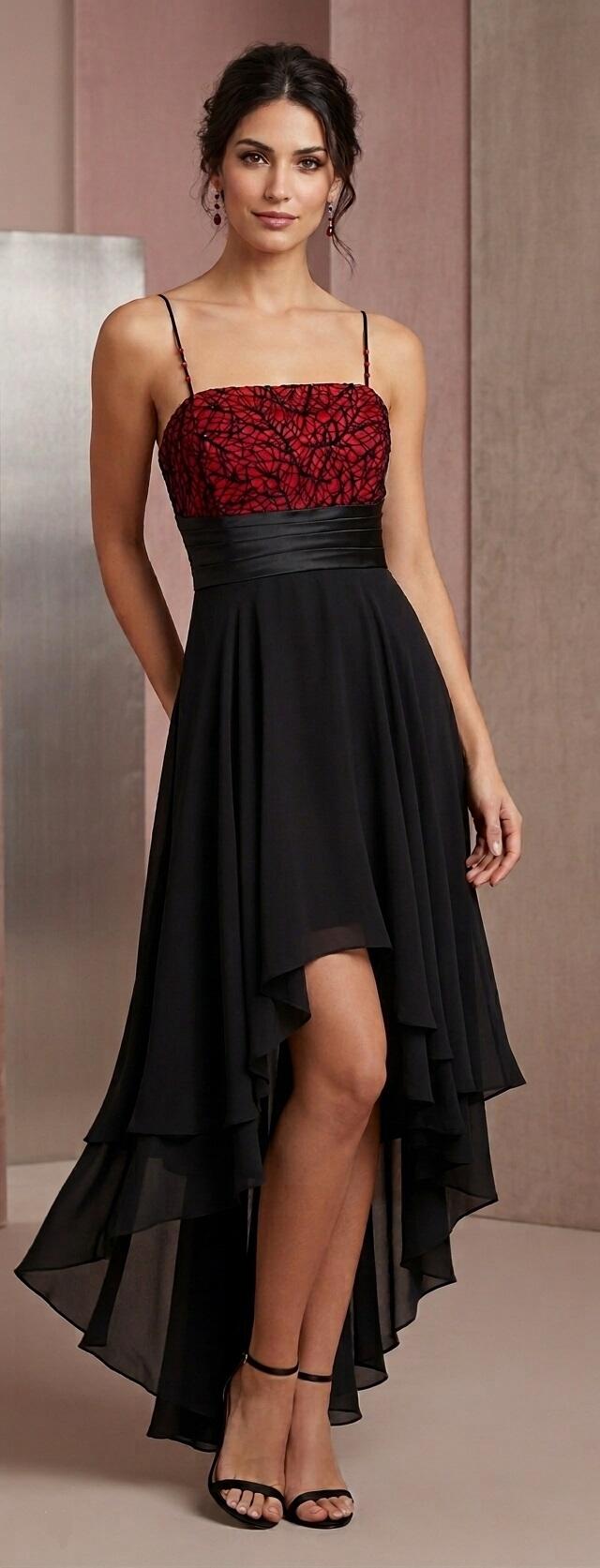 1028 Short front dress in doubled chiffon with ruby ​​red bodice