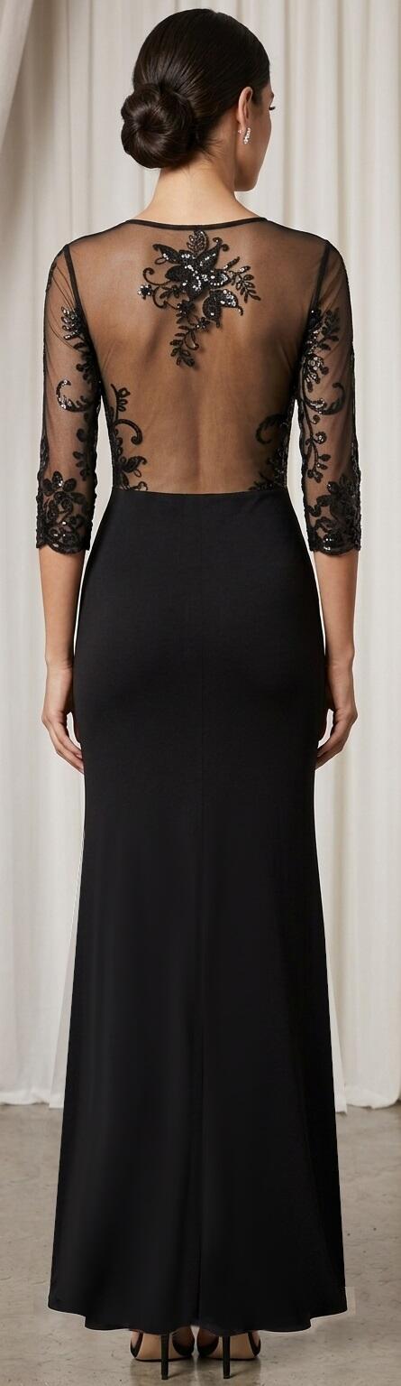 1030 Abito con due spacchi in maglina elastica con corpetto in tulle e paillettes